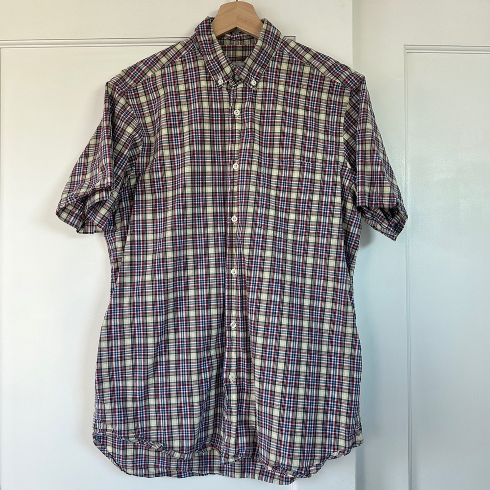 Steven Alan Mens Plaid Short Sleeve‎ Button Down Shirt Made in USA Red Blue M